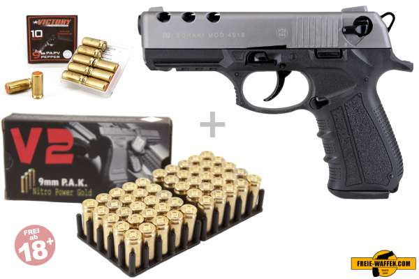 Schreckschuss Set: Zoraki 4918 Titan + 50 Platz- / + 10 Pfefferpatronen 9mm P.A.K.