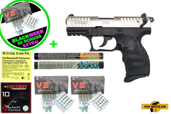 Black Friday Week: Top Aktion! Walther P22Q -Komplett Set -Schreckschuss-Pistole 9mm P.A.K. Nickel 