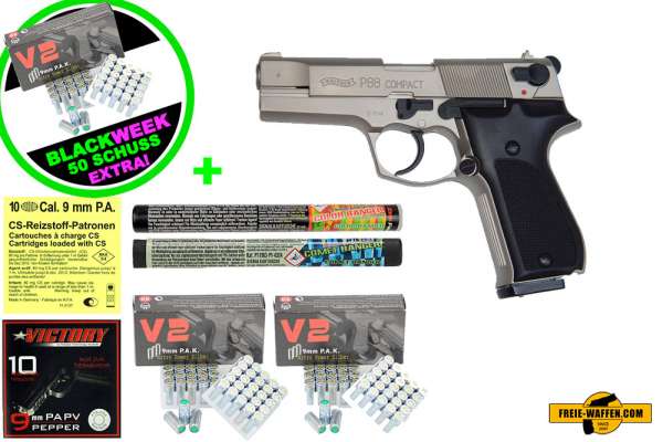 Black Friday Week: Top Aktion! WALTHER P88 - Komplett Set -Schreckschuss Pistole Gas Signal Alarm Pistole Kaliber 9 mm P.A.K., bicolor