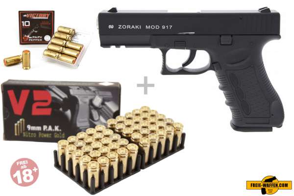 Schreckschuss Set: Zoraki 917 Schwarz / Chrom + 50 Platz- / + 10 Pfefferpatronen 9mm P.A.K.