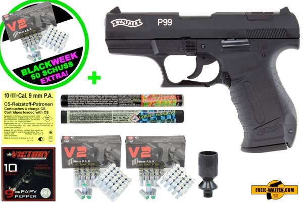 Black Friday Week: Top Aktion! Walther P99 - Komplett Set - Schreckschuss-Pistole Kal. 9mm P.A.K + Munition un