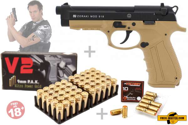 ZORAKI 918 Desert - Schreckschusspistole + 50 Platz- / + 10 Pfefferpatronen 9mm P.A.K.