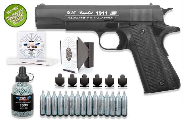 Co² Pistole Komplettset: ASG 1911 US-C Schwarz 4,5mm BB - Druckluft Co2 BlowBack